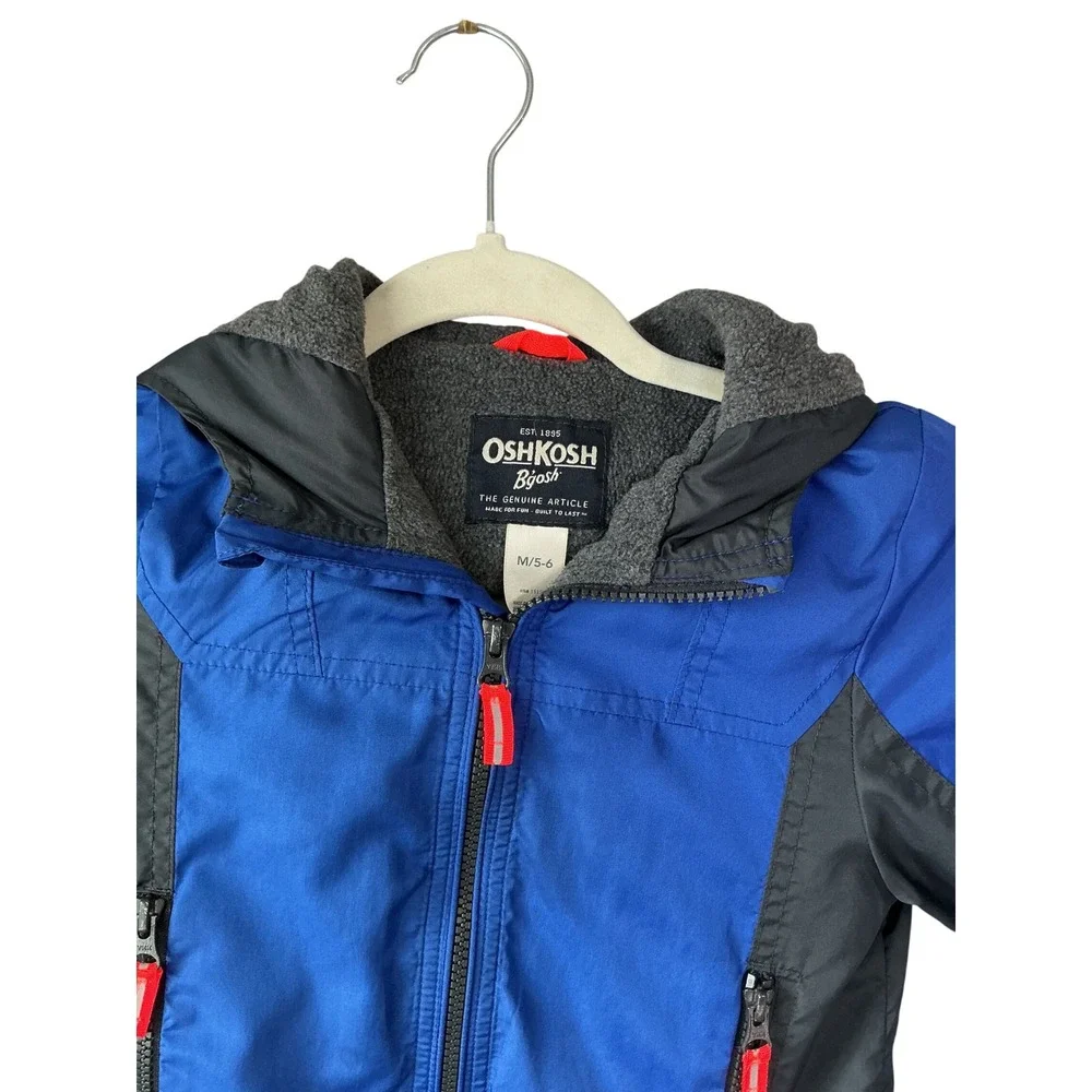 OshKosh Bgosh Boys Blue Grey Fleece Lined Hooded Windbreaker Jacket Size 5-6